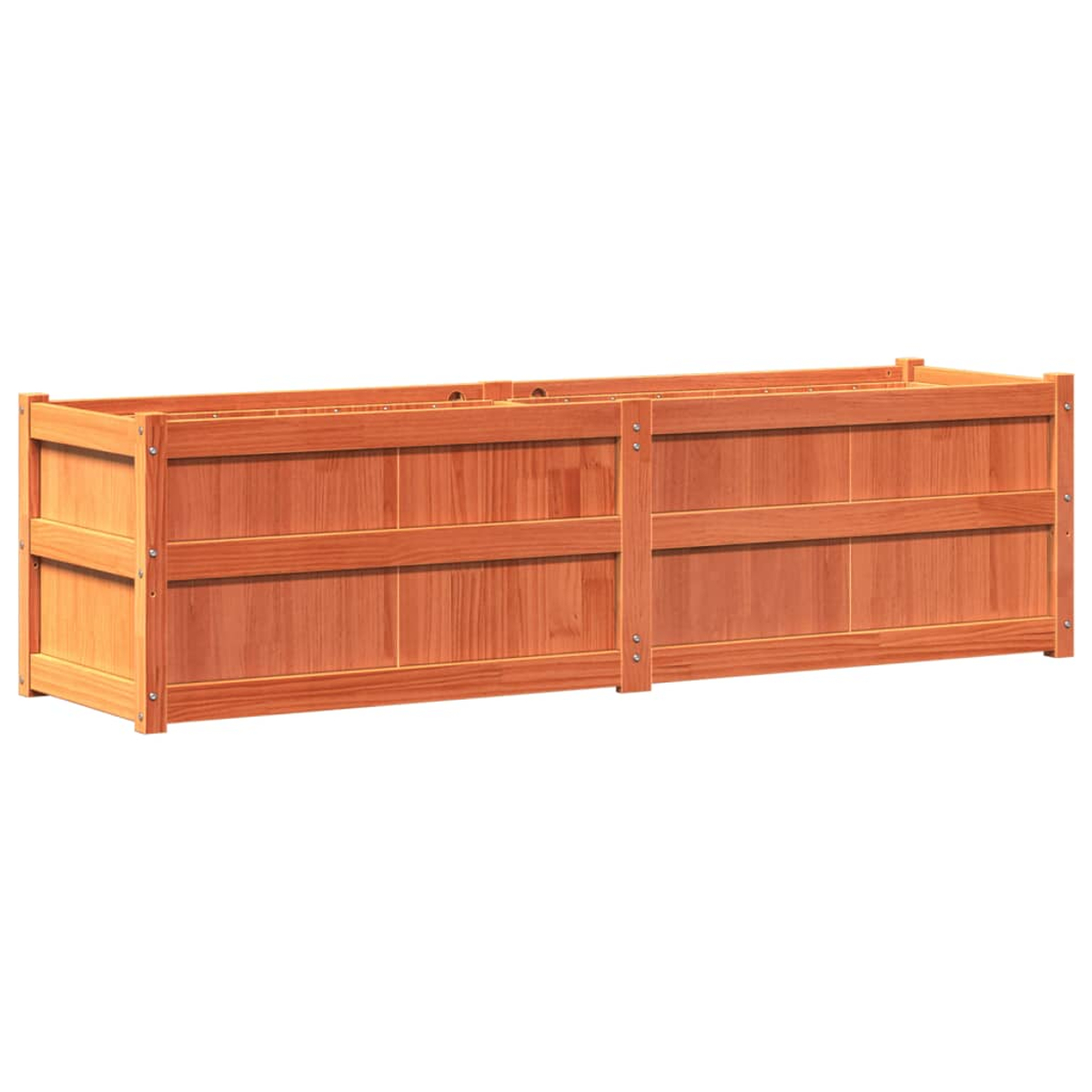 Eine lange, rechteckige Holzpflanzkasten. Er besteht aus hellbraunem Holz und hat ein einfaches Design mit horizontalen Brettern und vertikalen Stützen.