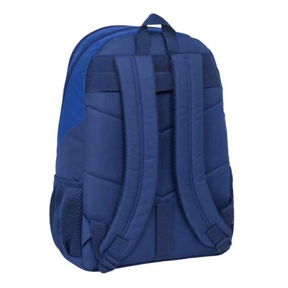 Navyblauer Rucksack. Gepolsterter Rücken und Träger, seitliche Netztasche, Tragegriff. Der Hintergrund ist weiß.
