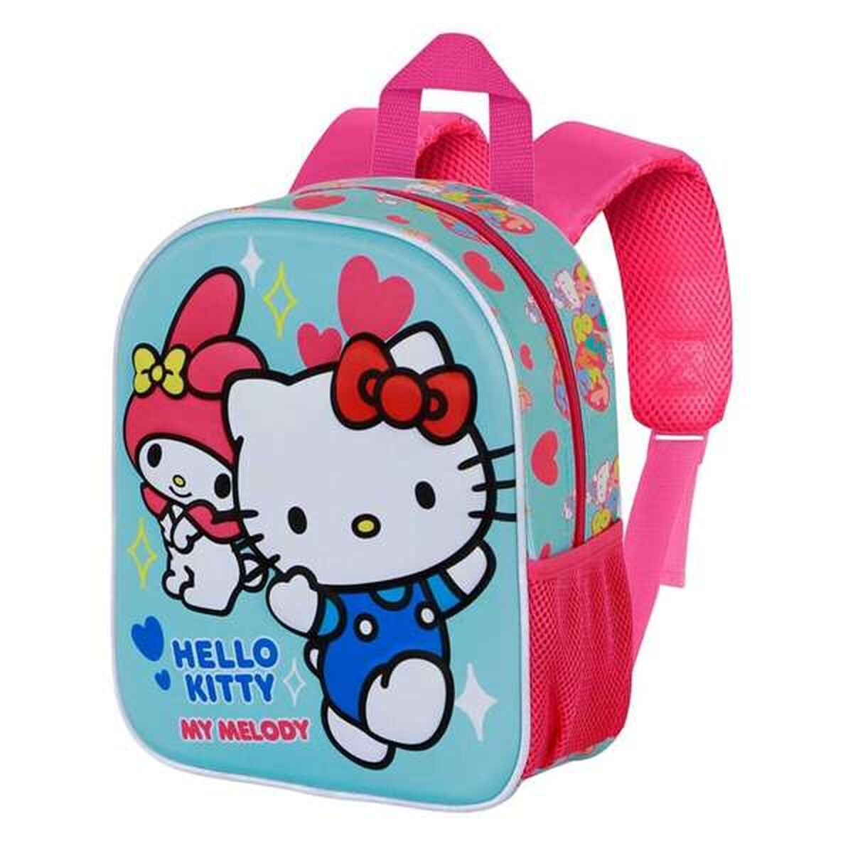 Ein Hello Kitty Rucksack. Er ist hellblau und zeigt Hello Kitty und My Melody. Er hat pinke Träger und einen Griff.