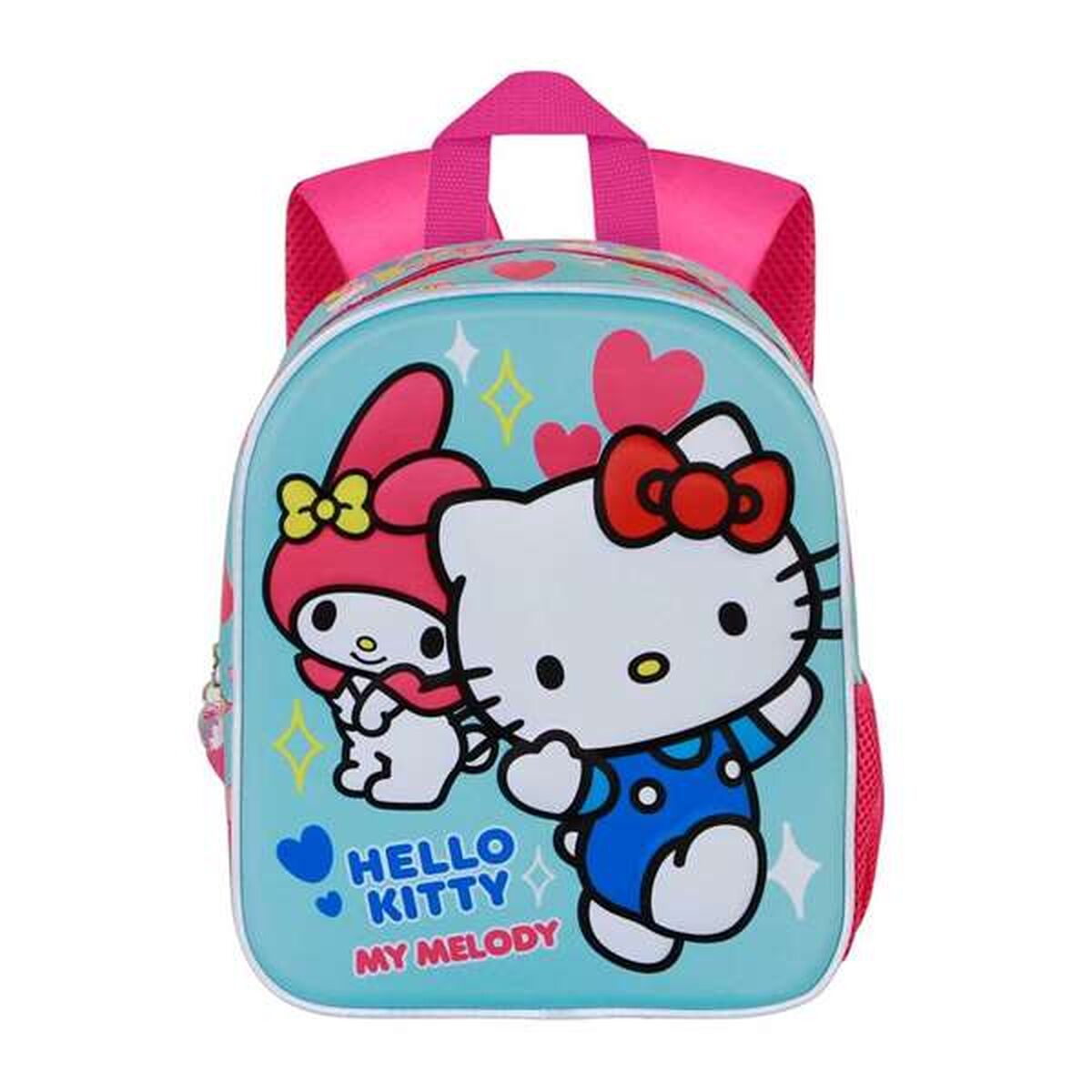 Ein Hello Kitty-Rucksack mit My Melody. Er ist blau mit pinkfarbenen Trägern und einem Griff. Hello Kitty hat eine rote Schleife. My Melody hat einen rosa Hut.