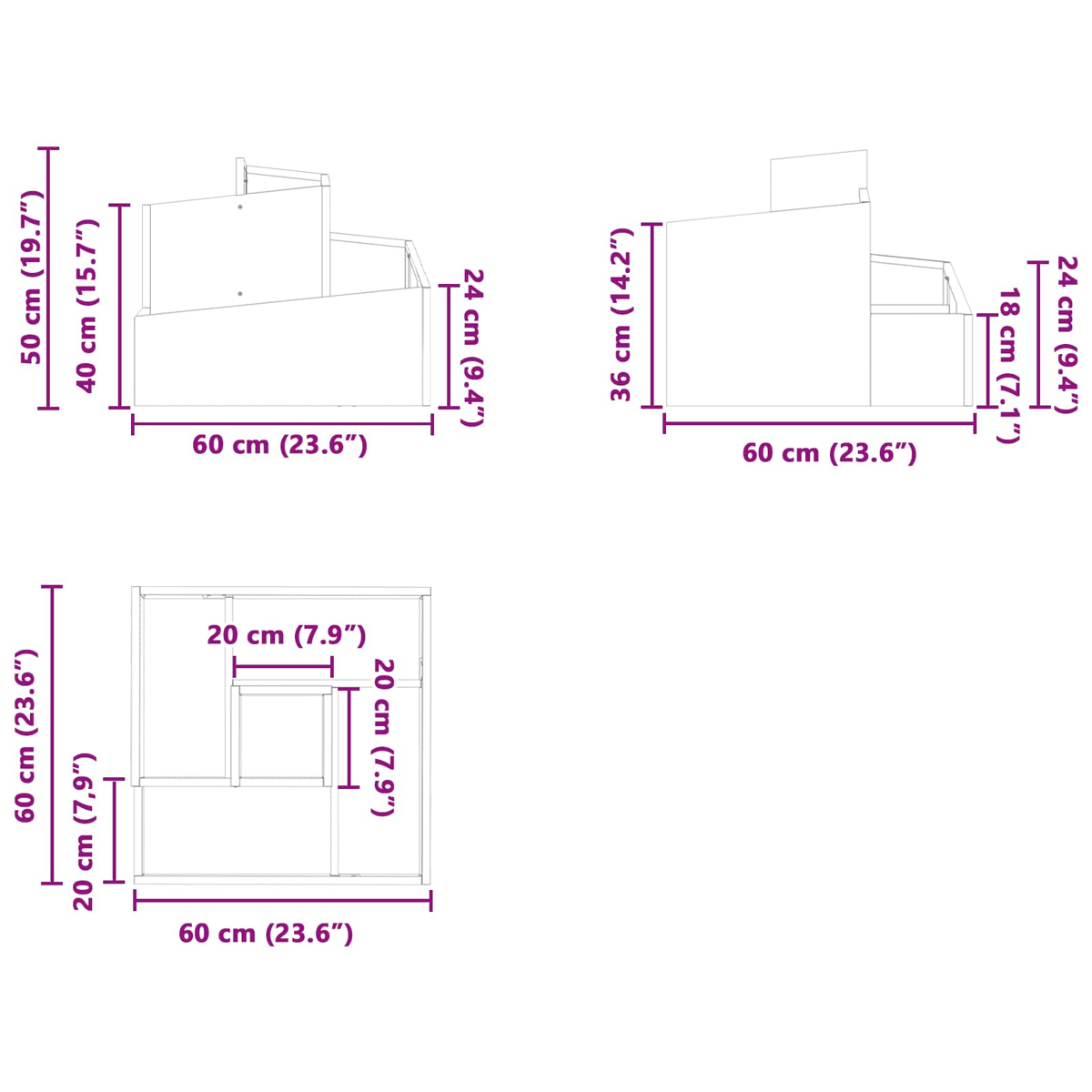 Tre viste di un gradino bianco per animali domestici con dimensioni: 60cm x 60cm, altezza 50cm, gradini 24cm. Misure in cm e pollici.