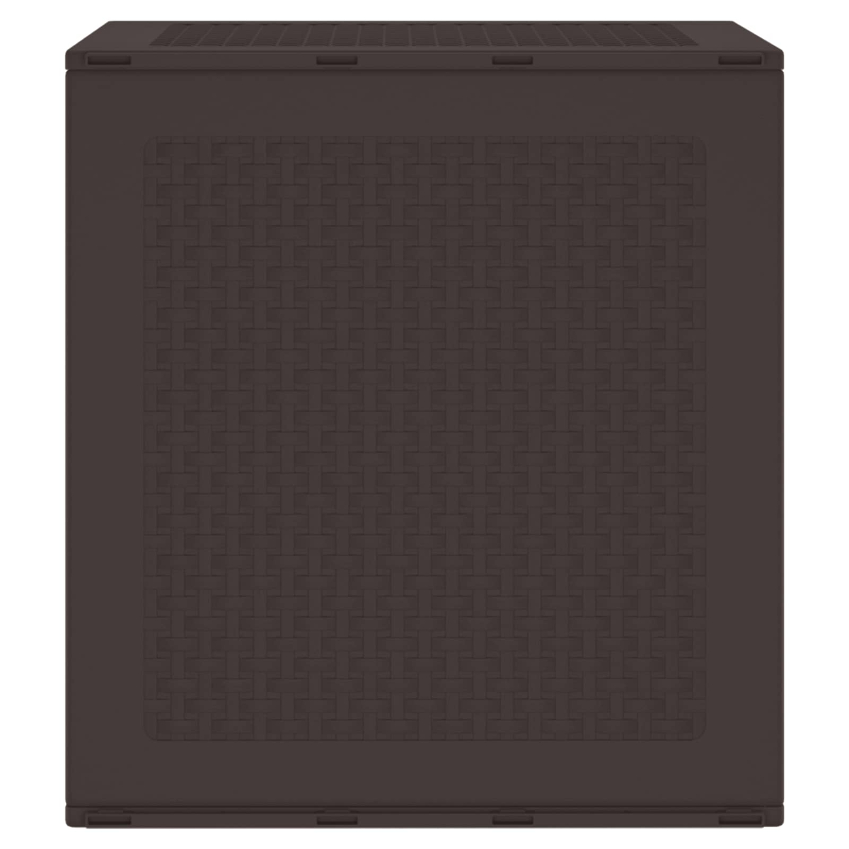 Eine braune Aufbewahrungsbox mit einem Webmuster auf der Vorderseite. Sie hat eine flache Oberseite mit Belüftungsöffnungen.