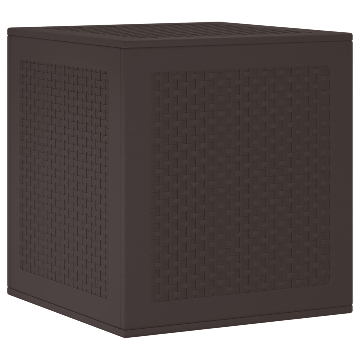 Eine braune quadratische Aufbewahrungsbox mit einem gewebten Muster an den Seiten. Die Box hat eine flache Ober- und Unterseite, vor weißem Hintergrund.