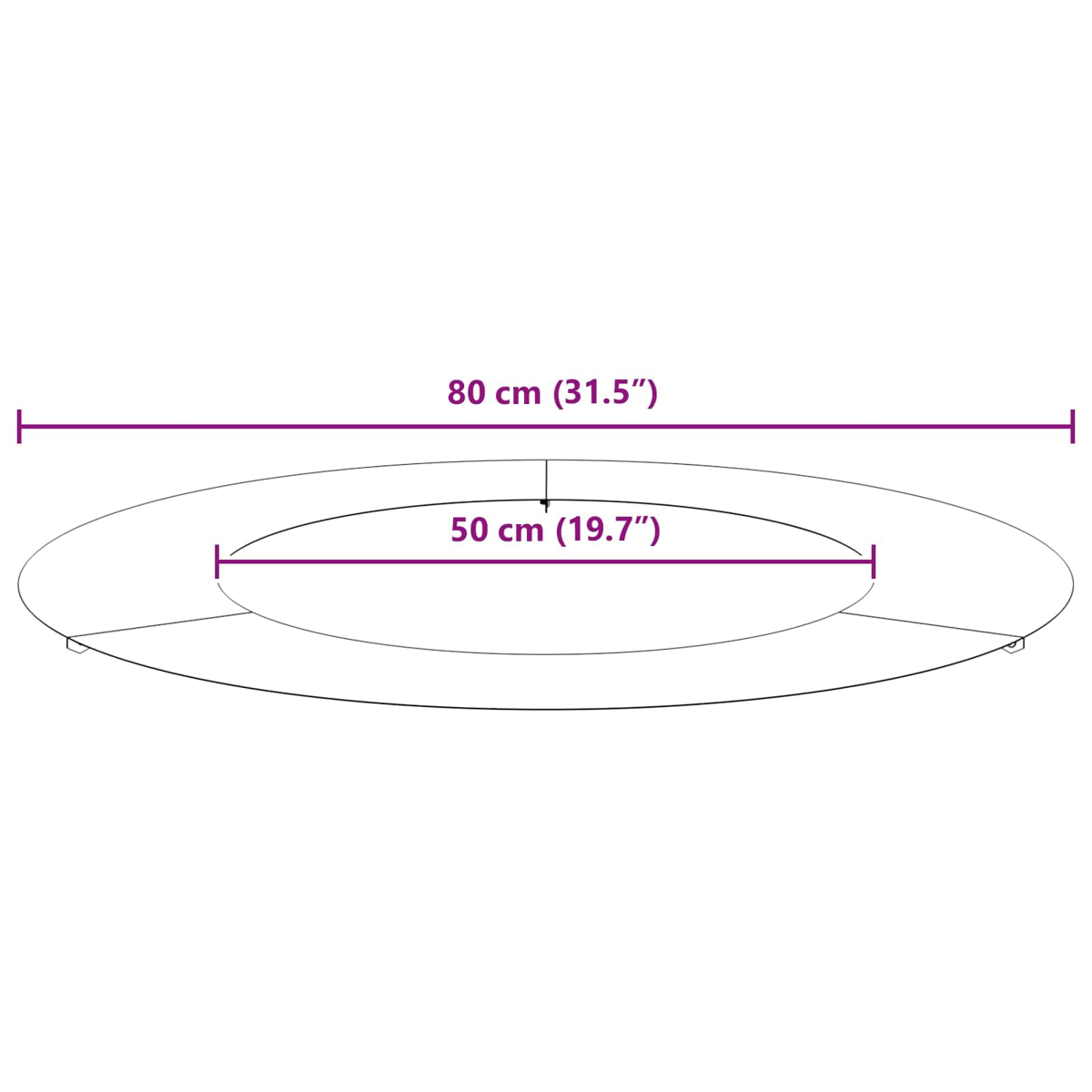 Diagramm mit ovaler Form und Maßen. Die längere Abmessung beträgt 80 cm, die kürzere 50 cm.