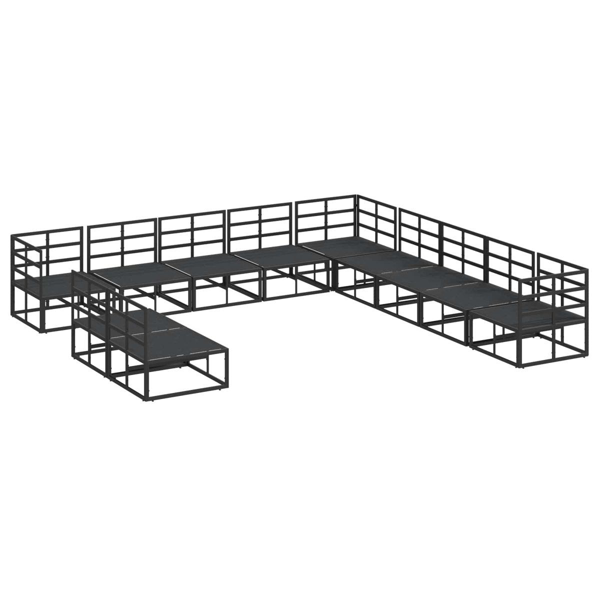 Eine dunkelgraue Metallbühnenstruktur, bestehend aus miteinander verbundenen Plattformen und Geländern, vor weißem Hintergrund.