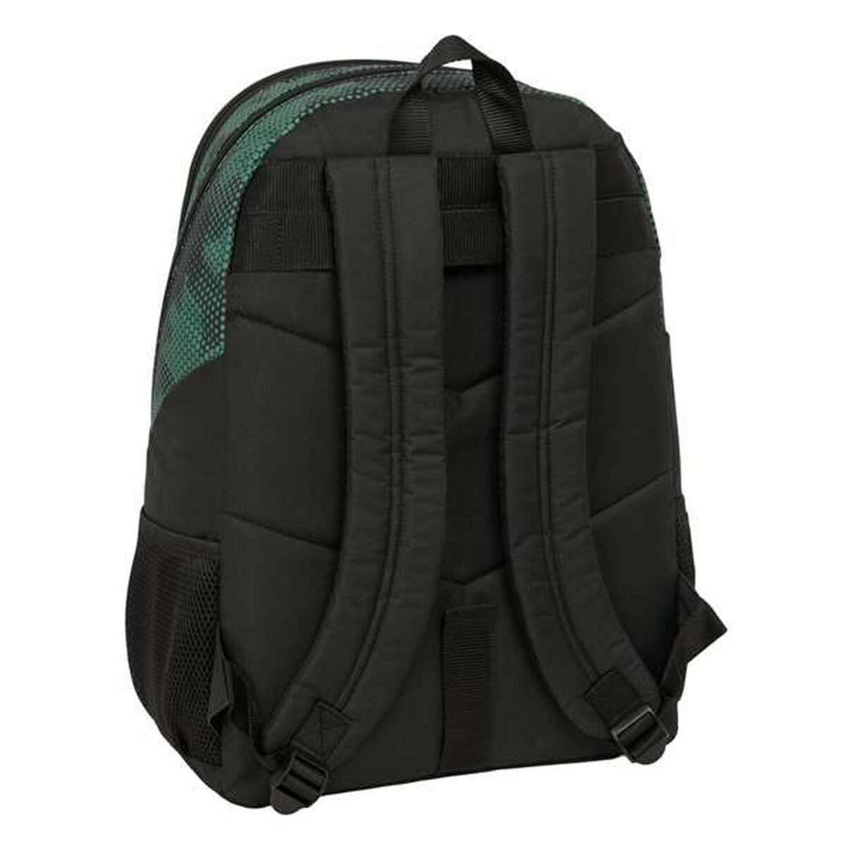 Schwarzer Rucksack mit grün gemusterten Akzenten. Mit gepolsterten Trägern und Rückenteil. Seitentasche sichtbar.
