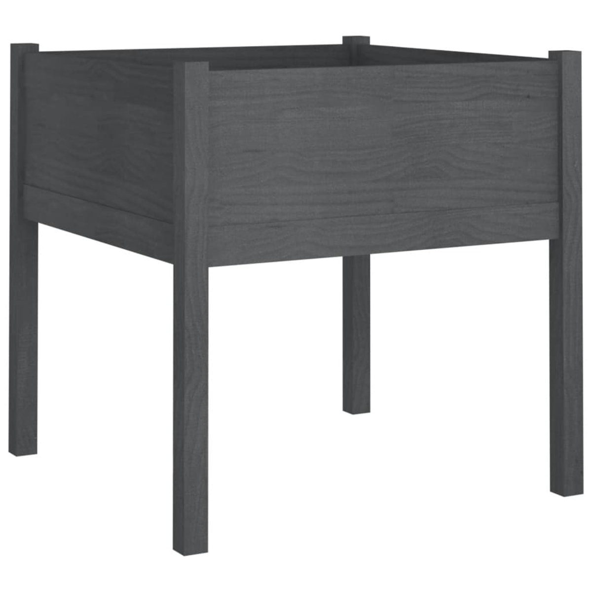 Graue Holzkasten mit vier Beinen. Die Kiste ist leer. Die Holzmaserung ist sichtbar.