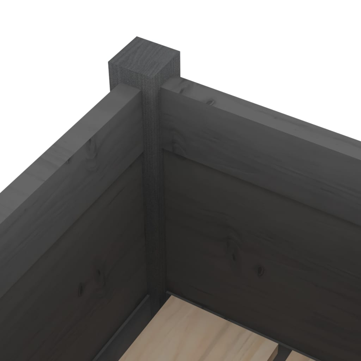 Nahaufnahme einer Holzkonstruktion mit dunkelgrauen Paneelen. Eckpfosten und Seitenwände sind vor weißem Hintergrund zu sehen.