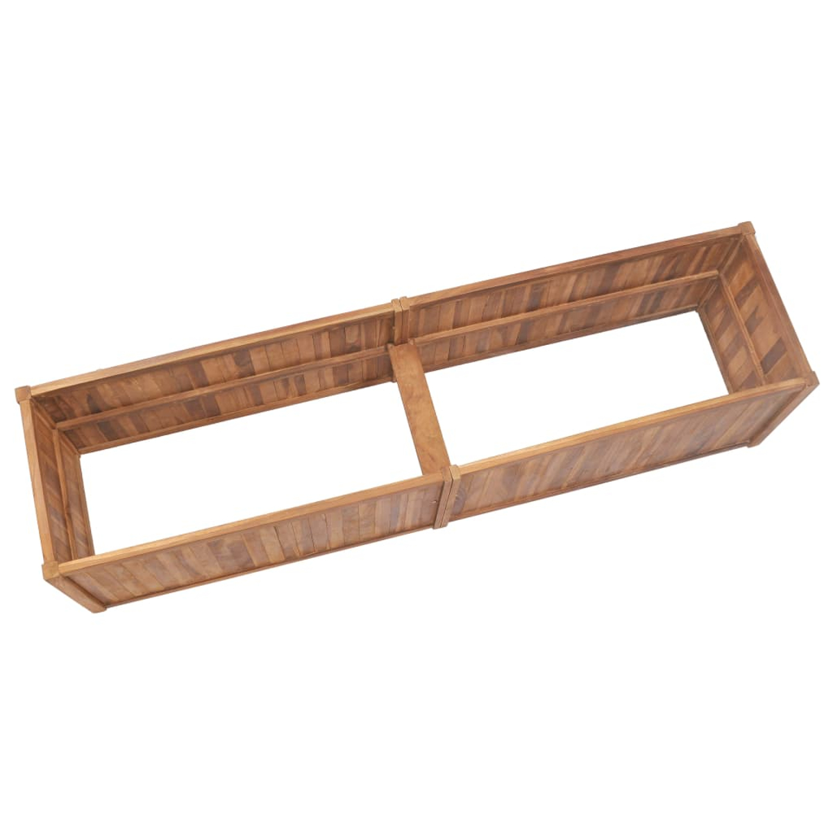 Eine rechteckige Holzpflanzkasten mit zwei Abschnitten. Die Kiste besteht aus hellbraunem Holz und steht vor weißem Hintergrund.
