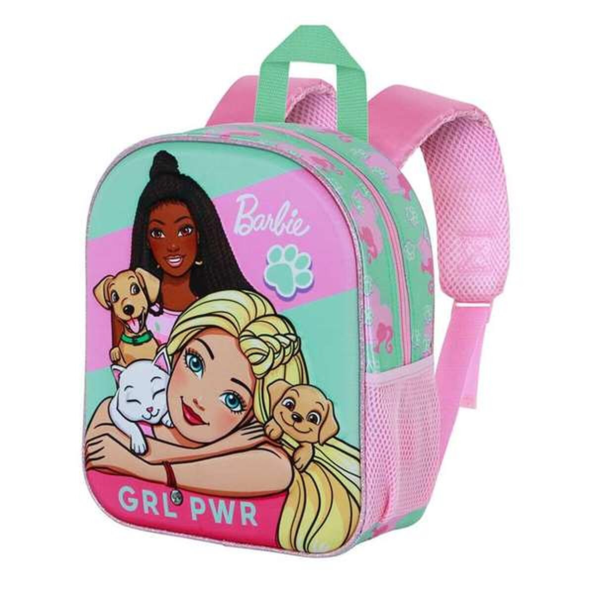 Ein rosa Barbie-Rucksack mit einem Cartoon von Barbie, Welpen und einer Katze. Der Satz "GRL PWR" steht unten.