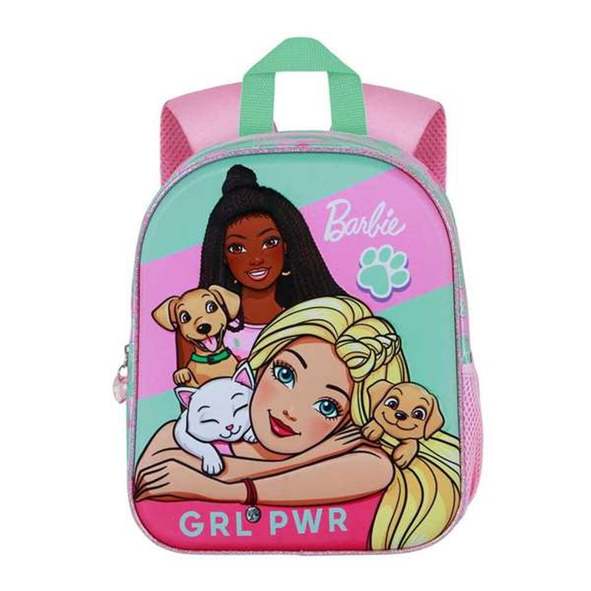 Barbie-Rucksack. Blonde und schwarzhaarige Frauen mit Welpen und einer Katze. Rosa, grün und hellblaue Farben. Text: GRL PWR.