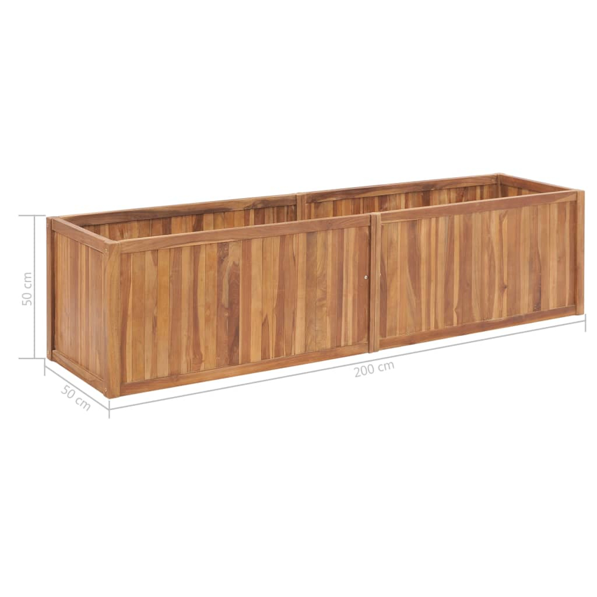 Ein rechteckiger Pflanzkasten aus Holz, 200 cm lang, mit vertikalen Holzplanken. Er ist 50 cm hoch und breit.