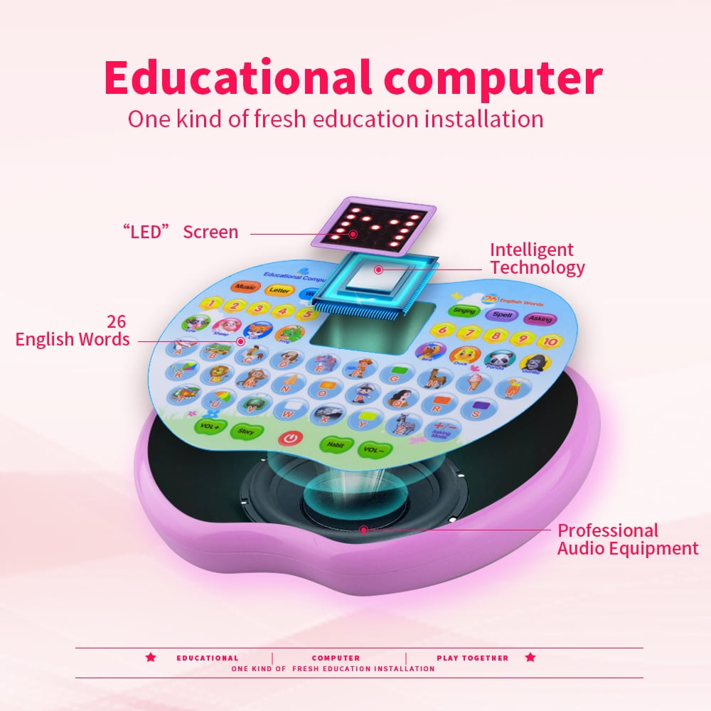 Rosa Lerncomputer mit Bildschirm und Tastatur, beschriftet mit Buchstaben und Zahlen, mit professioneller Audioausrüstung.