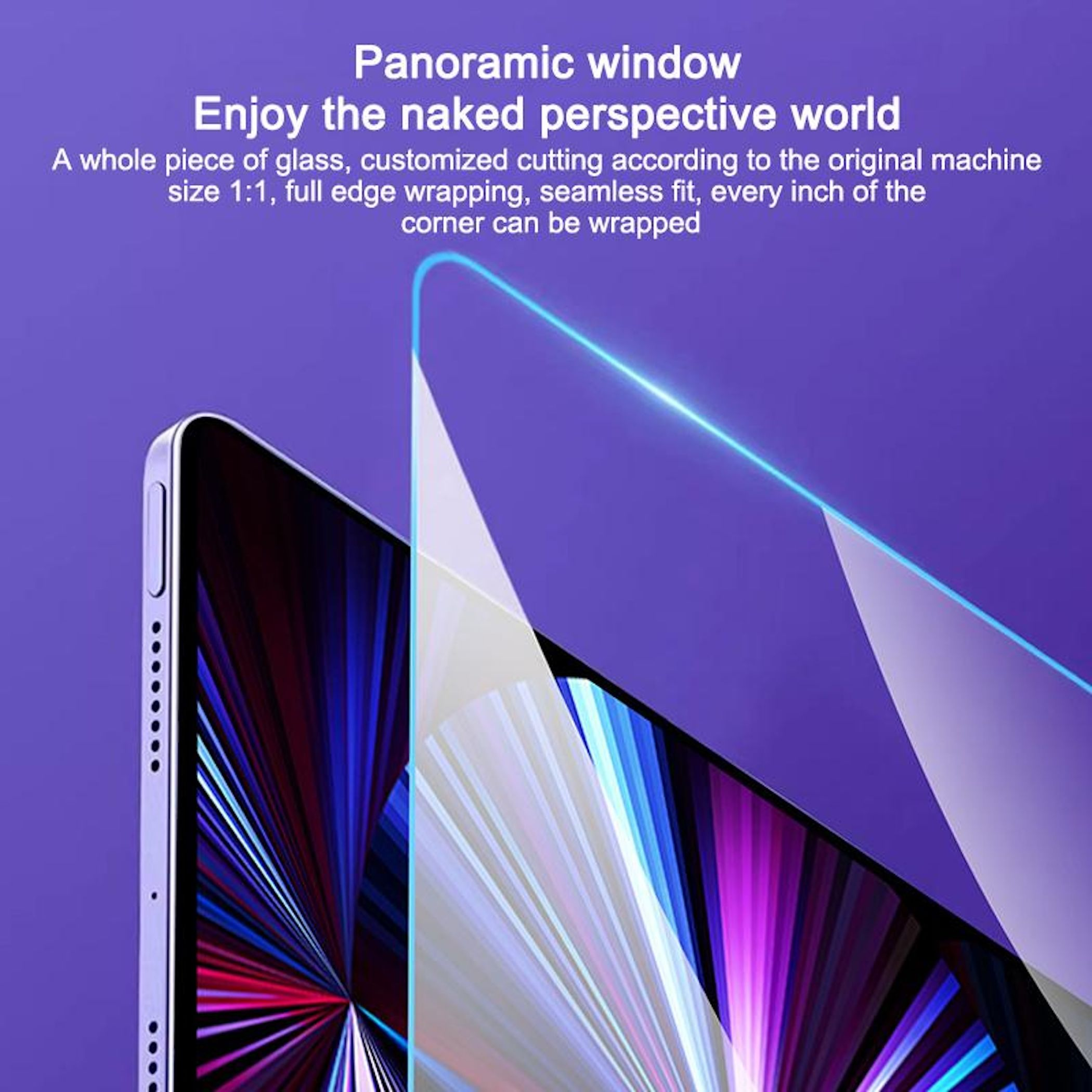 Un tablet con protezione schermo. Testo: 'Finestra panoramica'. Sfondo viola. Luce blu.
