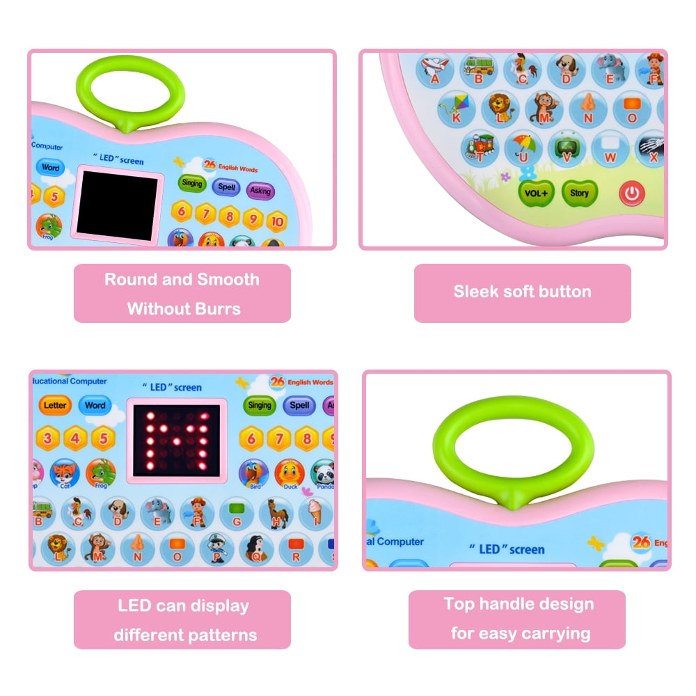Ein farbenfrohes Lernspielzeug für Kinder mit Knöpfen, einem LED-Bildschirm und einem grünen Griff. Es hat Buchstaben, Zahlen und Wörter.