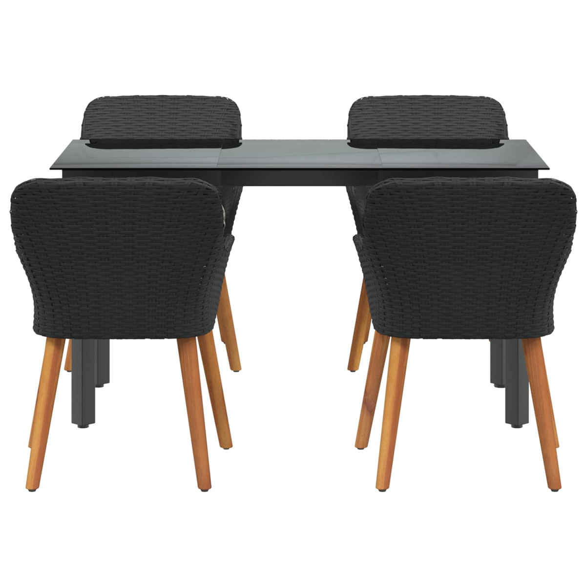 Ein schwarzer Tisch mit vier Stühlen. Die Stühle haben schwarze, gewebte Rücken und hellbraune Beine. Der Tisch hat eine dunkle Platte.