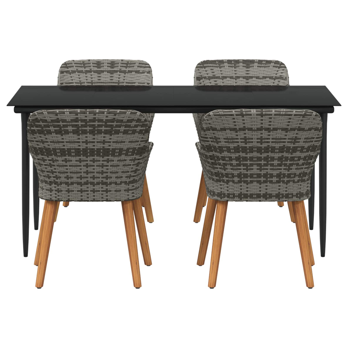 Ein schwarzer Tisch mit vier Stühlen. Stühle haben gewebte Rücken und Holzbeine. Der Tisch hat eine schwarze Platte und schwarze Beine.