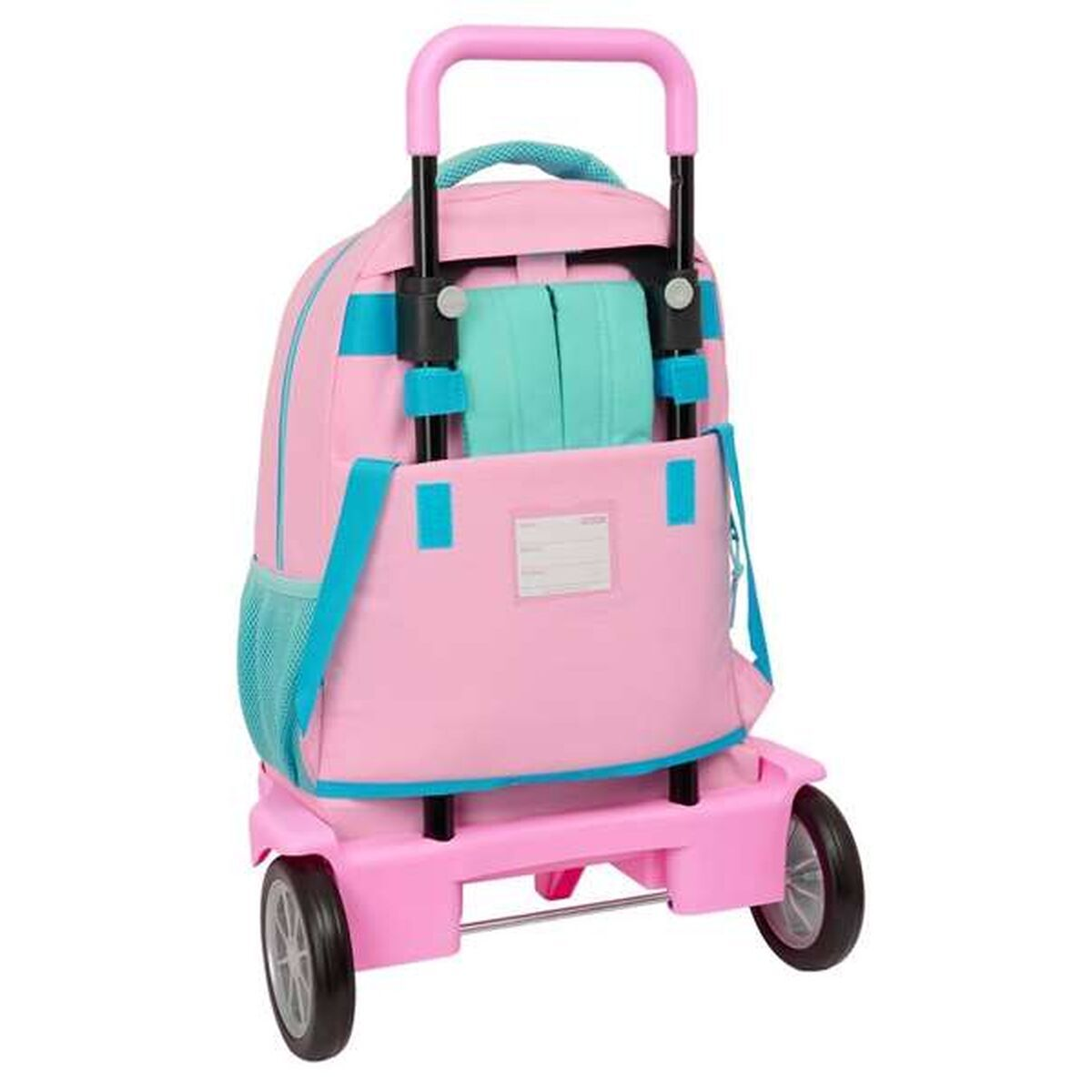 Rosa rollender Rucksack mit türkisfarbenen Akzenten. Hat einen Griff und Räder. Der Hintergrund ist weiß.