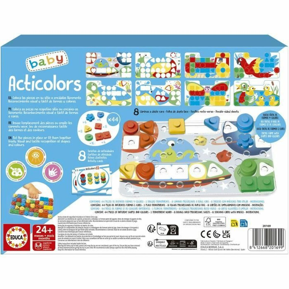 Acticolors-Box mit Formen und Farben. Enthält das Logo der Marke und verschiedene Bilder des Spiels.