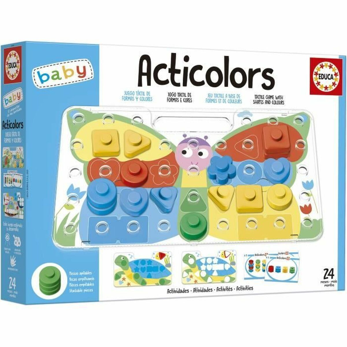 Die Box des Acticolors-Spiels. Sie hat bunte Formen und ein schmetterlingsartiges Brett. Auf der Box steht 'baby', 'Formen und Farben'.