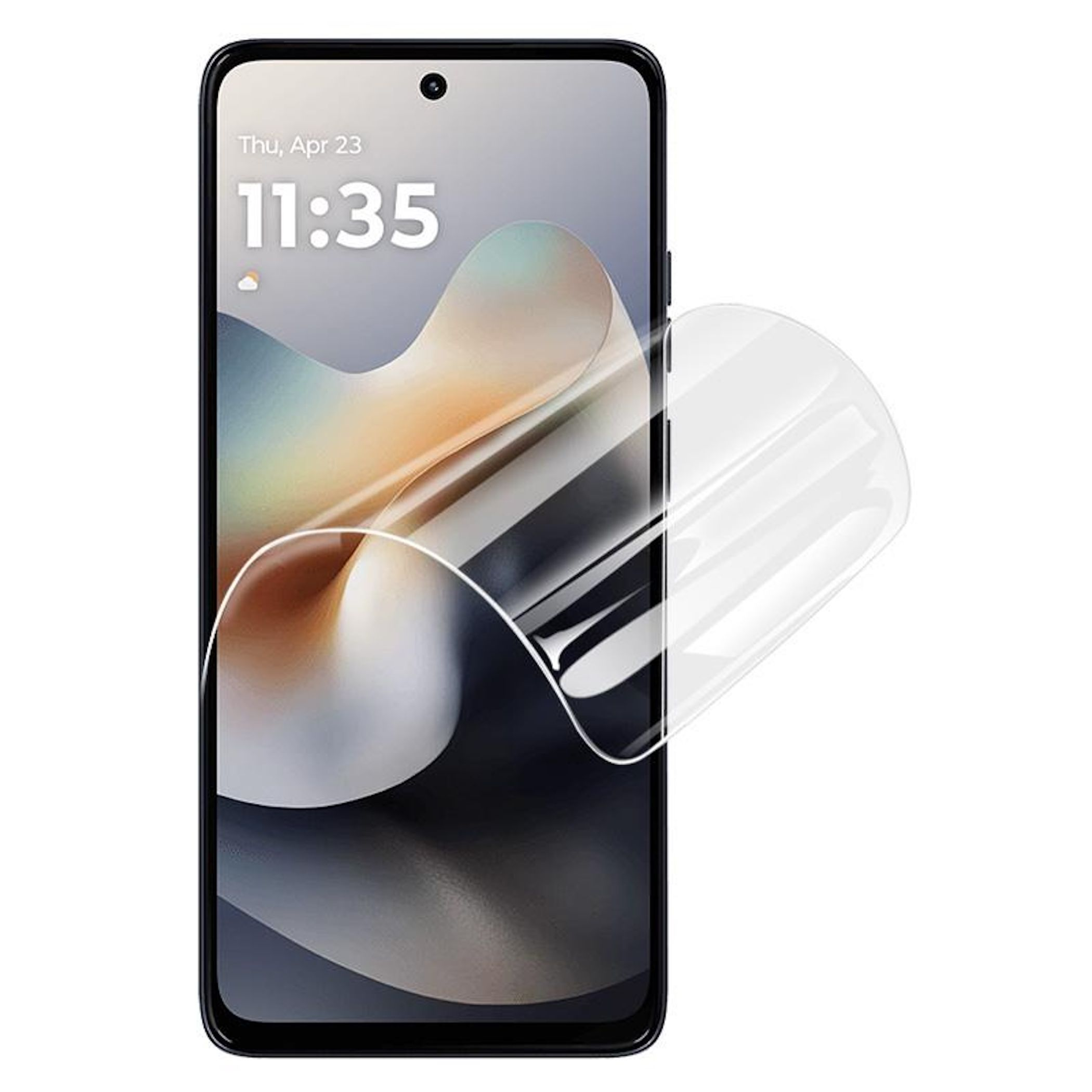Ein Smartphone mit angebrachtem Displayschutz. Der Bildschirm zeigt Datum und Uhrzeit. Weißer Hintergrund.