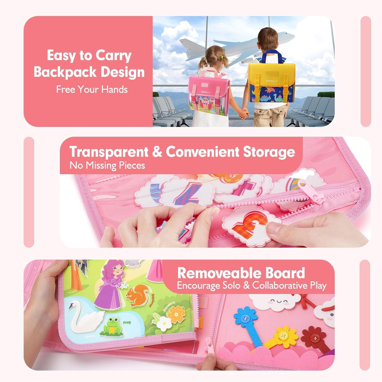 Das Bild zeigt eine rosa Tasche mit mehreren Fächern. Kinder mit Rucksäcken sind im Hintergrund sichtbar. Spielzeug, Zahlen und Formen sind darin.