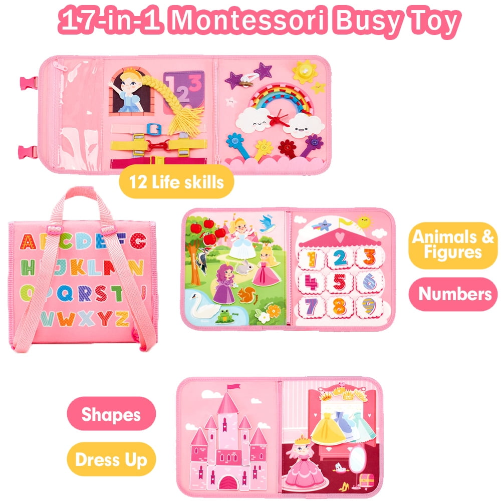 Rosa Montessori-Spielzeug mit mehreren Aktivitätstafeln, darunter Zahlen, Buchstaben, Formen und Anzieh-Elemente. Enthält Prinzessinnenfiguren und ein Schloss.