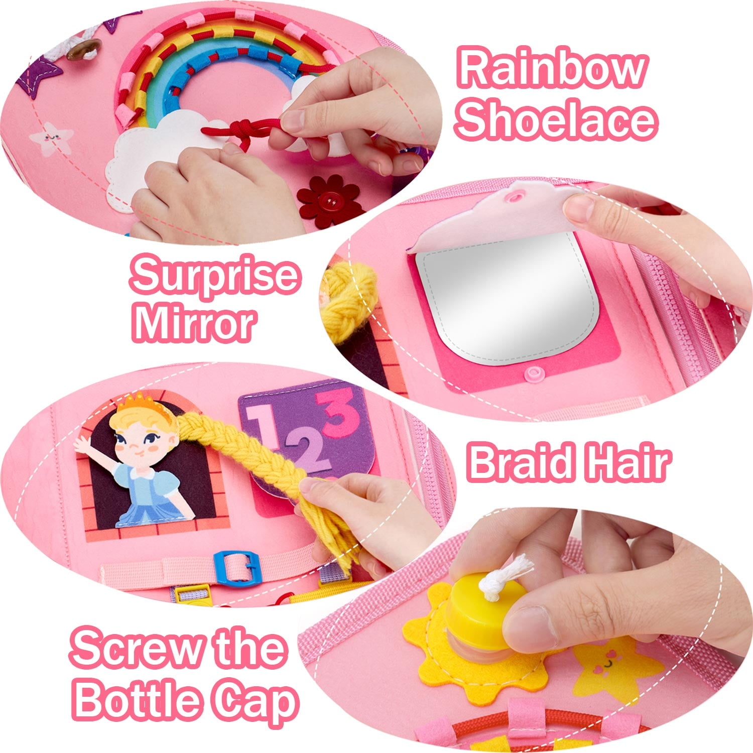 Ein rosa Stoffspielzeug mit verschiedenen Aktivitäten: Schnüren eines Regenbogens, Öffnen eines Spiegels, Flechten von Haaren und Schrauben eines Flaschendeckels. Eine Prinzessin ist vorhanden.