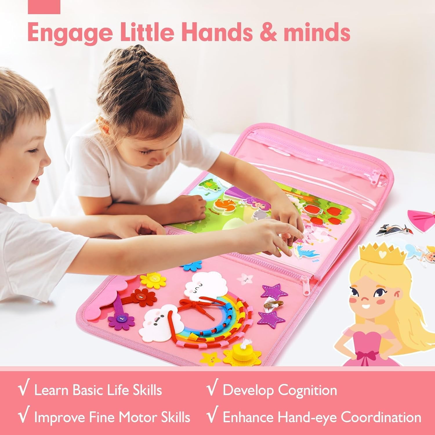 Zwei Kinder spielen mit einem rosa Aktivitätsbrett. Das Brett hat verschiedene Formen und Farben. Auf der Seite ist eine Prinzessinnenillustration.