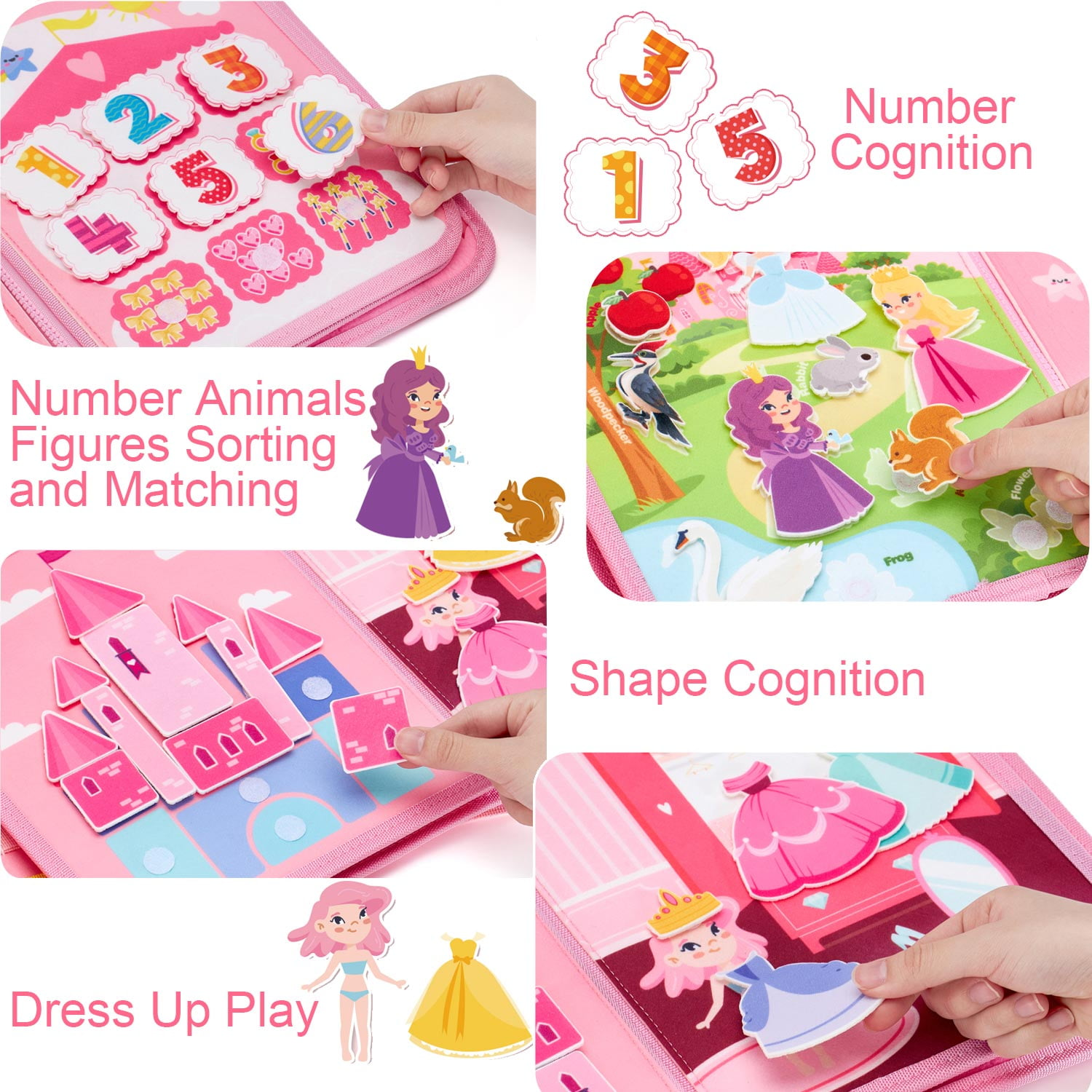 Ein rosa Lernspielzeug zeigt Zahlen- und Formen-Zuordnungen, Anzieh- und Zahlen-Kognitionsaktivitäten mit Prinzessinnen- und Tierfiguren.