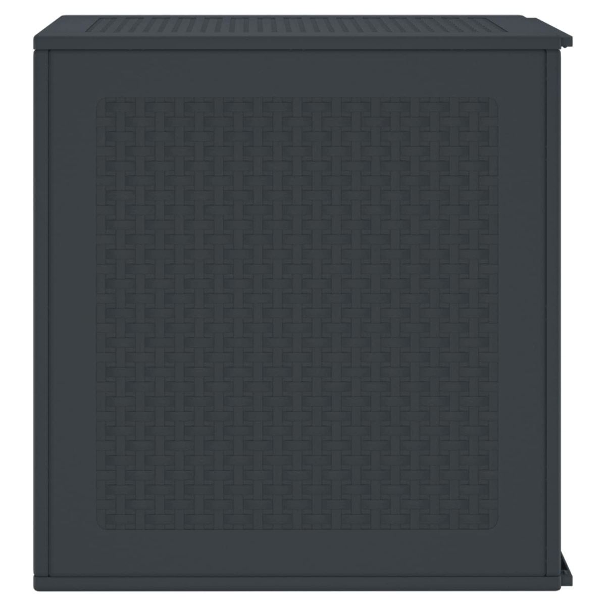 Eine dunkelgraue Aufbewahrungsbox mit einem Webmuster auf der Vorderseite. Die Oberseite hat kleine Schlitze. Die Box steht auf weißem Hintergrund.