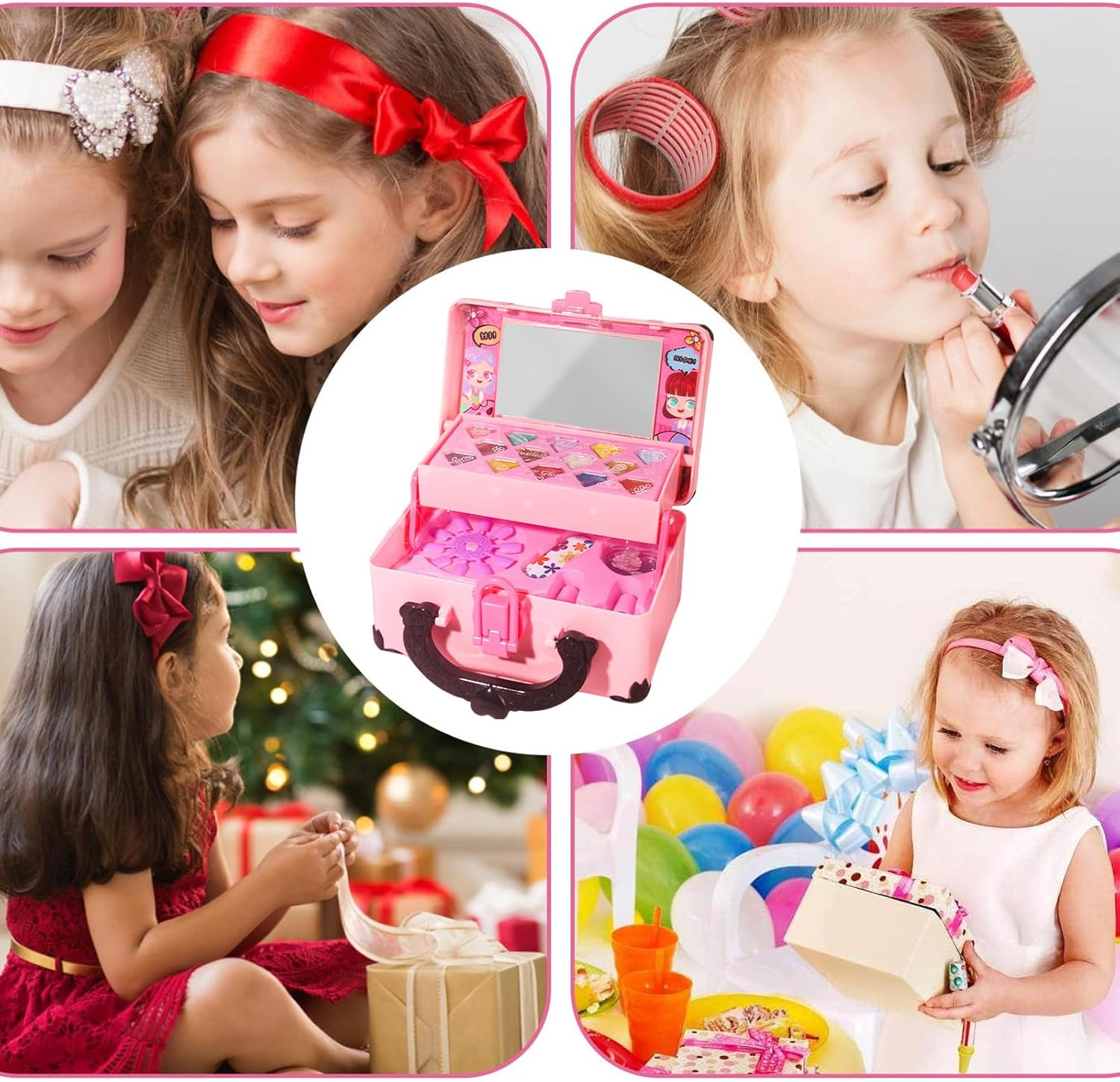 Vier Bilder zeigen Mädchen mit Make-up und Geschenken. Eine trägt Lippenstift auf, eine andere öffnet ein Geschenk, zwei weitere sind zusammen.