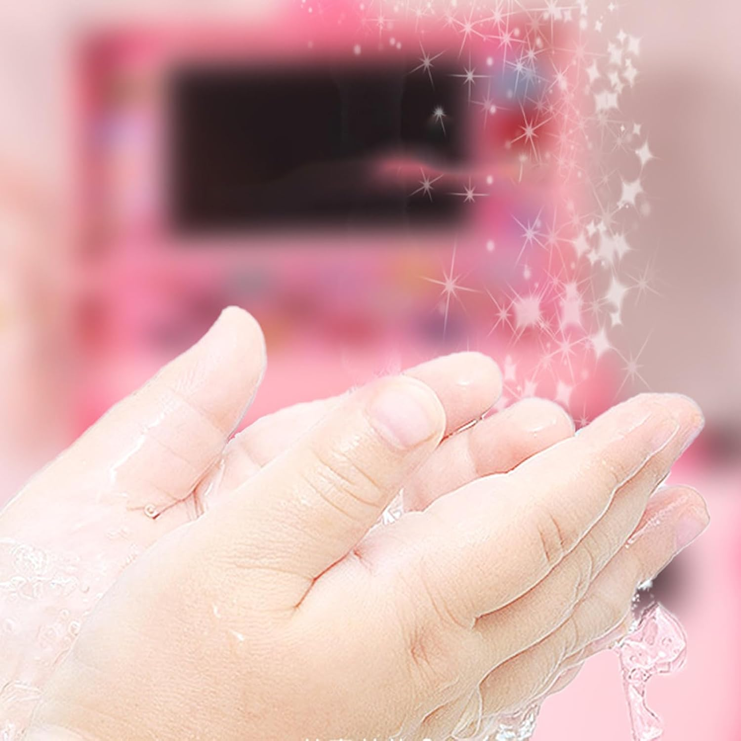 Geöffnete Hände, Wasser fließt hinein. Rosa Hintergrund mit Sternen.