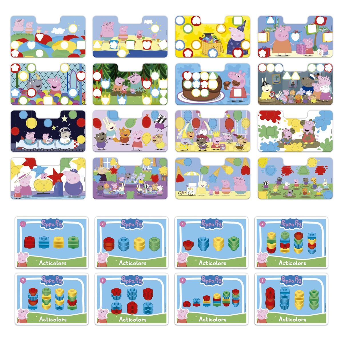 Una griglia di carte a tema Peppa Pig. Alcune mostrano Peppa e la sua famiglia, altre blocchi colorati e la parola 'Acticolors'.