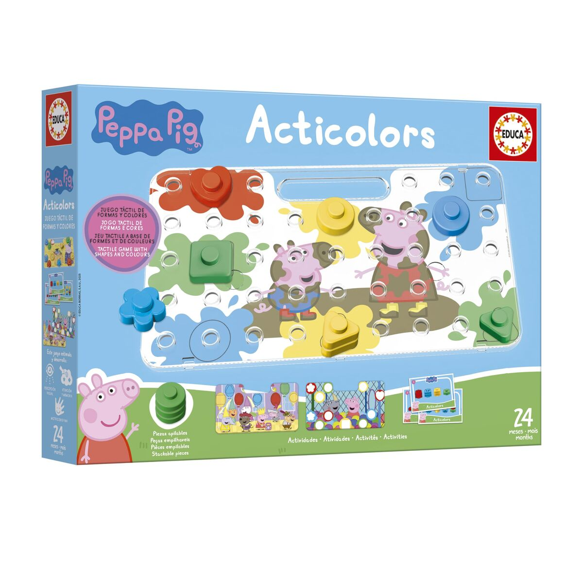 Gioco Acticolors di Peppa Pig in scatola con forme colorate e personaggi di Peppa Pig. Include forme e un tabellone.