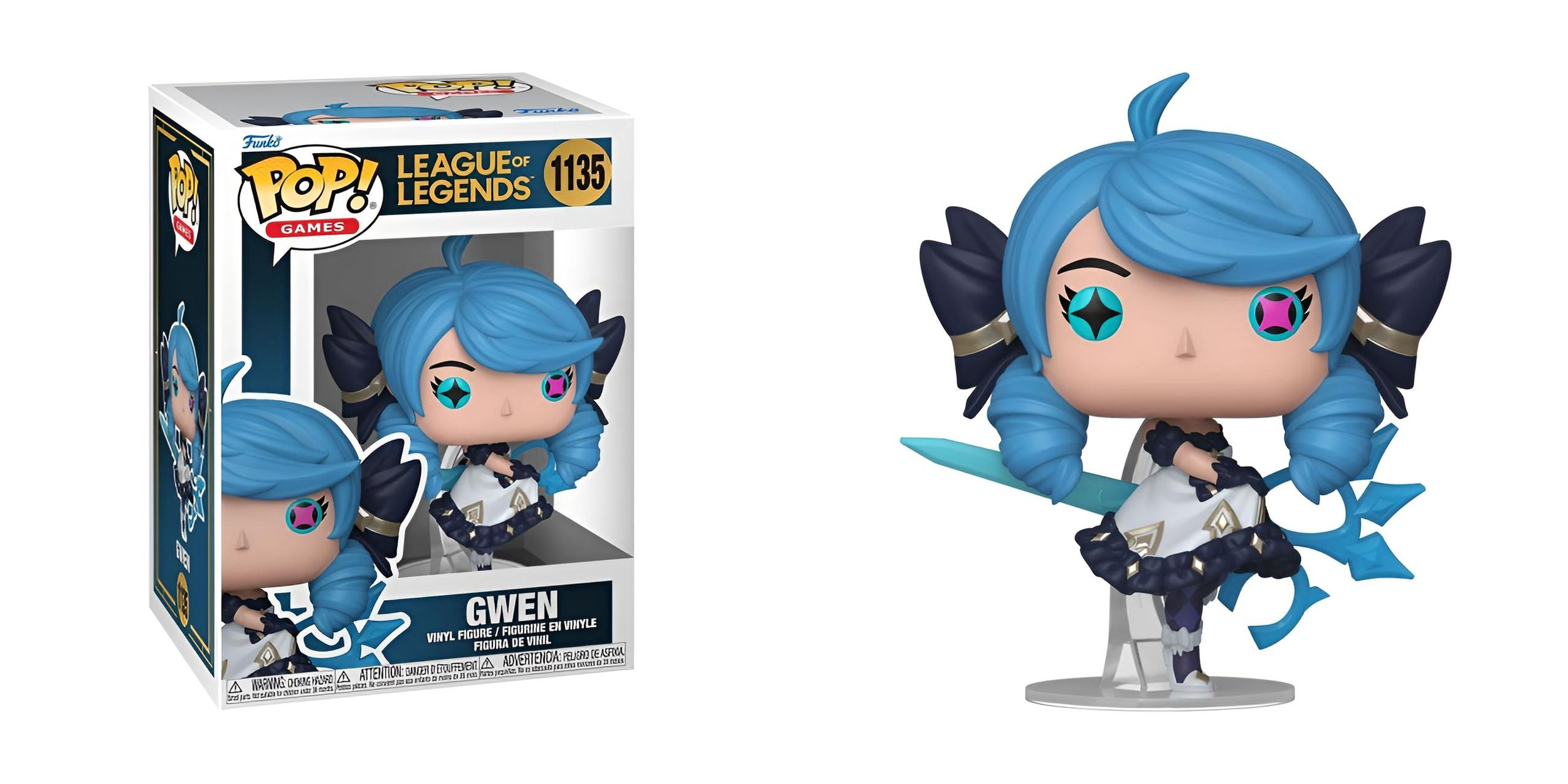 Figurka Gwen Funko Pop i jej pudełko. Figurka ma niebieskie włosy, czarne akcenty i białą sukienkę. Pudełko ma logo Pop.