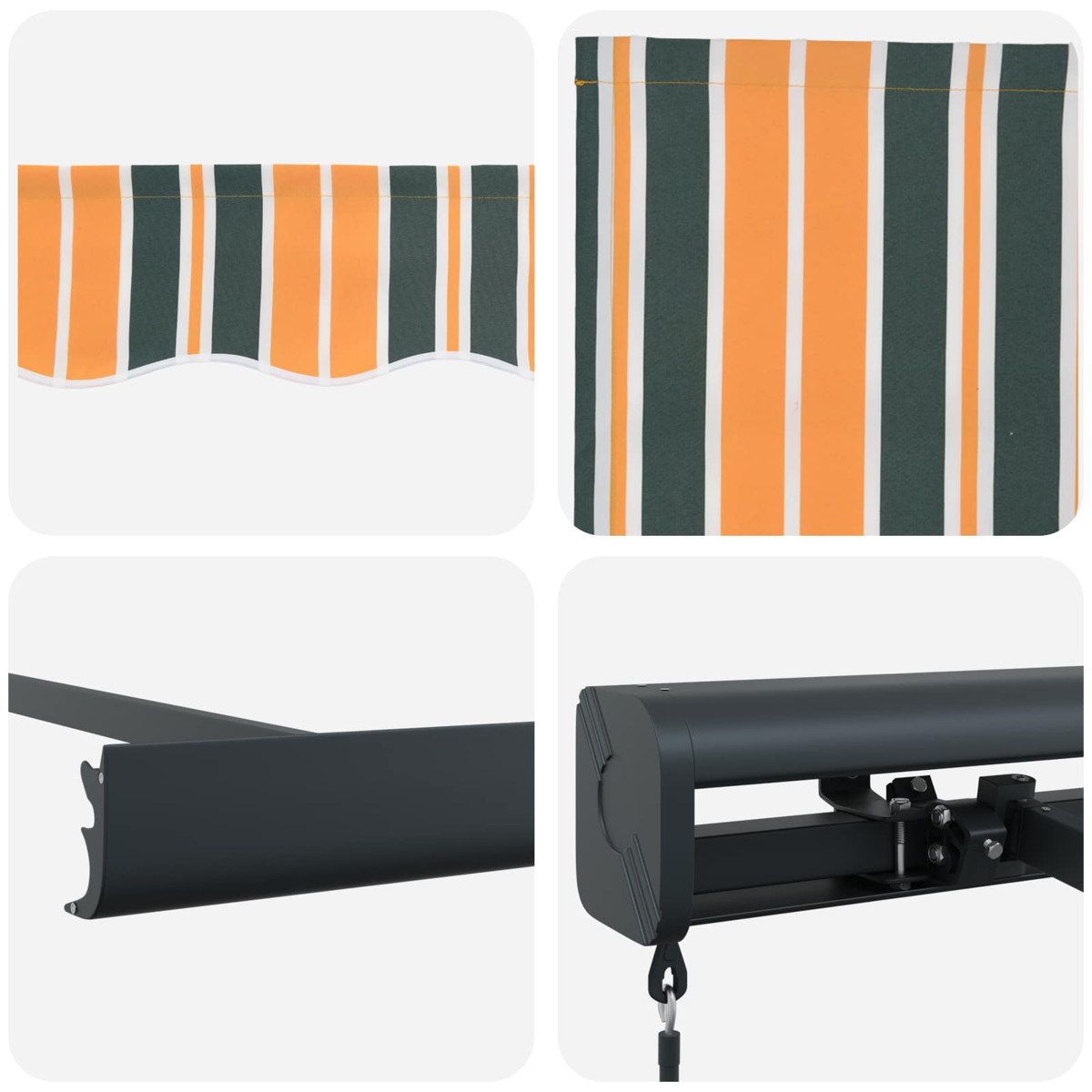 Das Bild zeigt Abschnitte eines gestreiften orangefarbenen, weißen und dunkelgrünen Markisen. Außerdem sind Details der schwarzen Metallkonstruktion zu sehen.