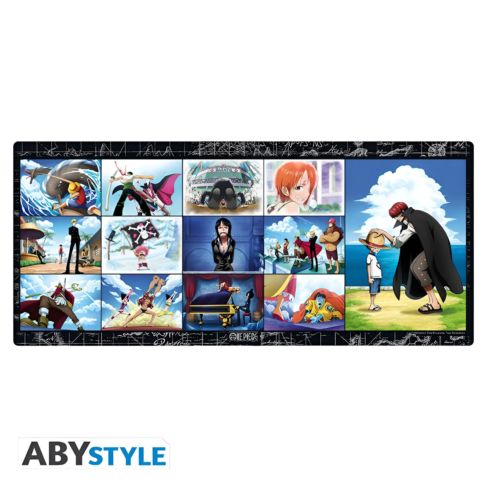 Ein rechteckiges Mousepad mit One Piece-Charakteren. Szenen mit Luffy, Zoro, Nami und anderen. Das Logo ABYSTYLE ist unten.