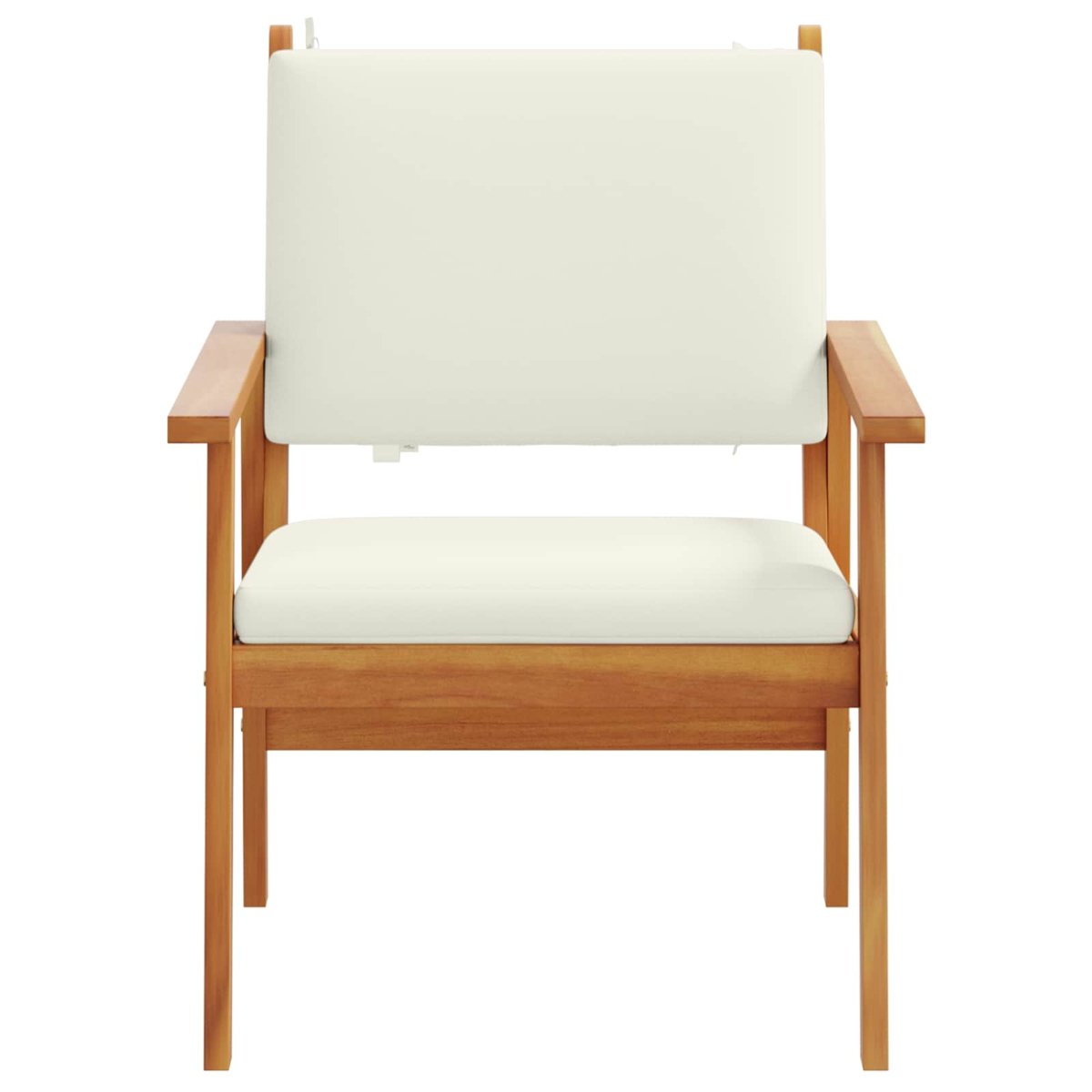 Sedia in legno con cuscino bianco. Ha braccioli e schienale alto. La sedia è marrone e i cuscini sono bianchi.