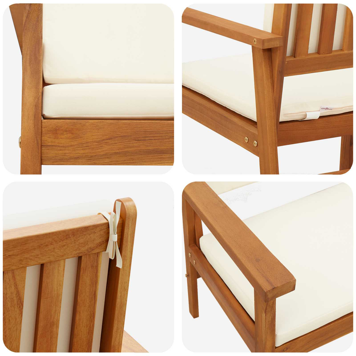 Sedia in legno con cuscino bianco. I dettagli includono braccioli, schienale e seduta. La sedia è in legno con venature visibili.