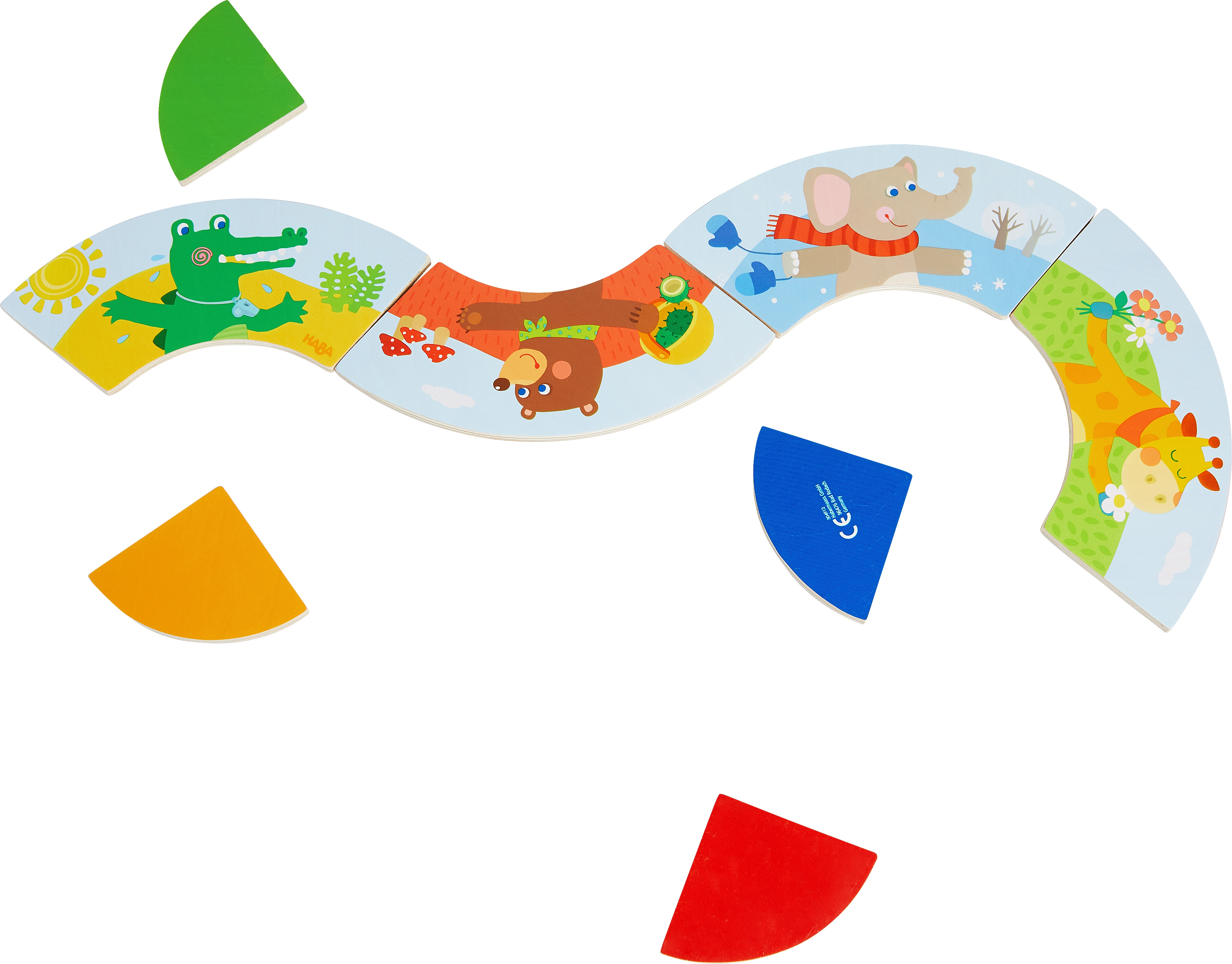 Ein Puzzle mit Tierszenen: Krokodil, B är, Elefant und Giraffe. Verstreute Teile in Grün, Orange, Blau und Rot.