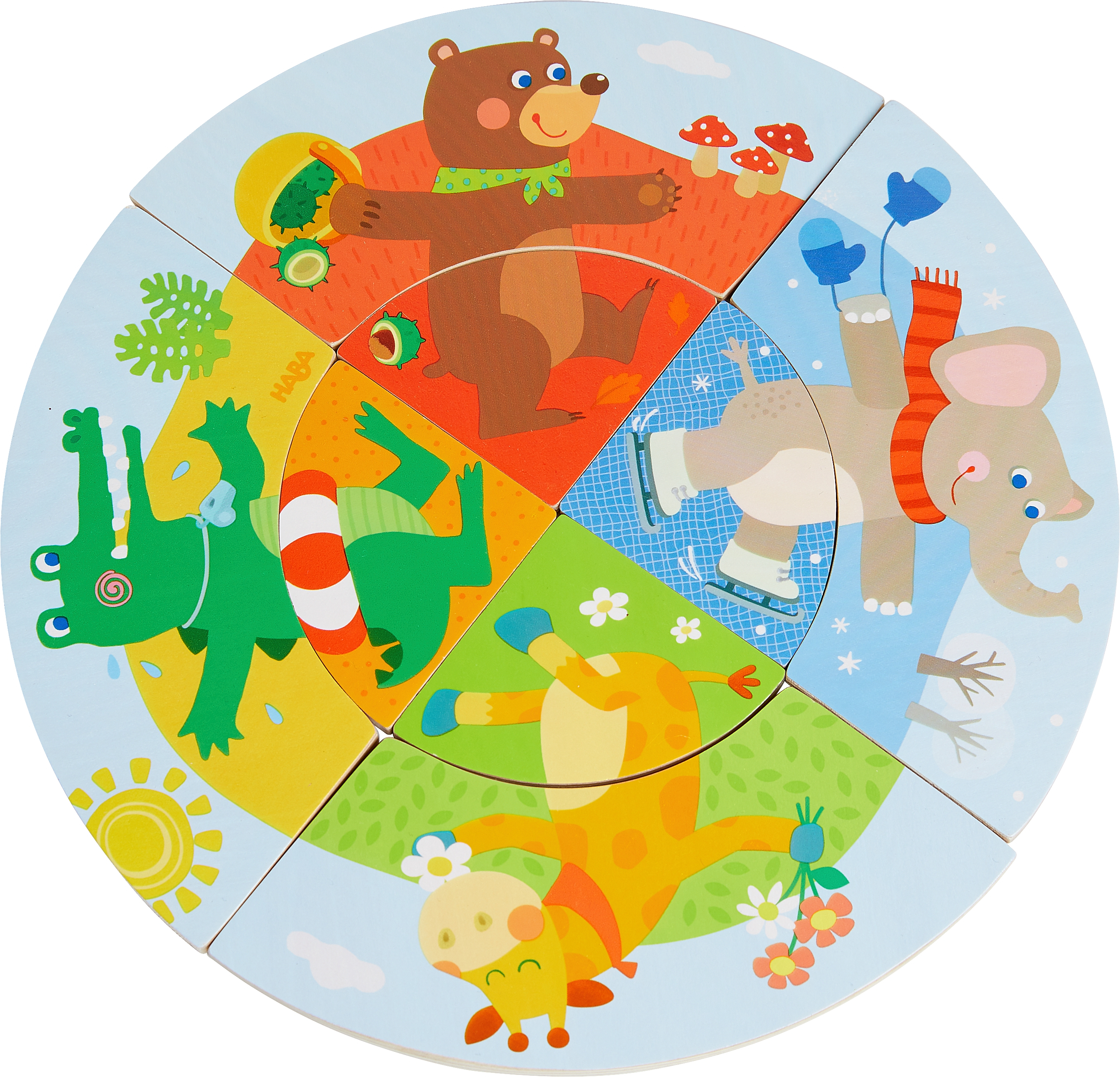 Ein kreisförmiges Puzzle mit Tierfiguren, die die vier Jahreszeiten repräsentieren. Bär, Elefant, Frosch und Giraffe sind abgebildet.