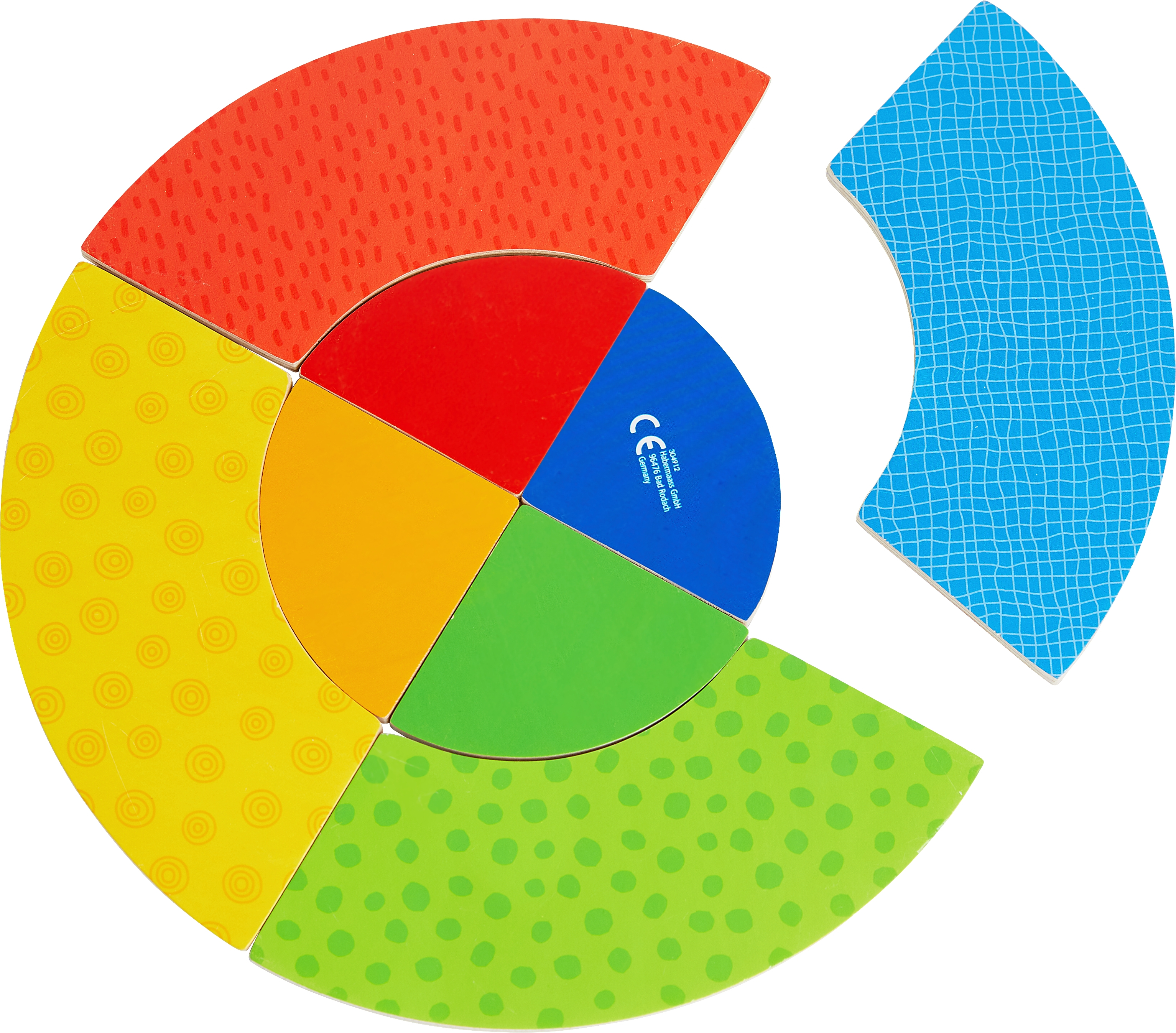 Ein farbenfrohes Puzzle mit roten, orangefarbenen, gelben, grünen und blauen Abschnitten. Ein abgetrenntes blaues Teil ist ebenfalls vorhanden.