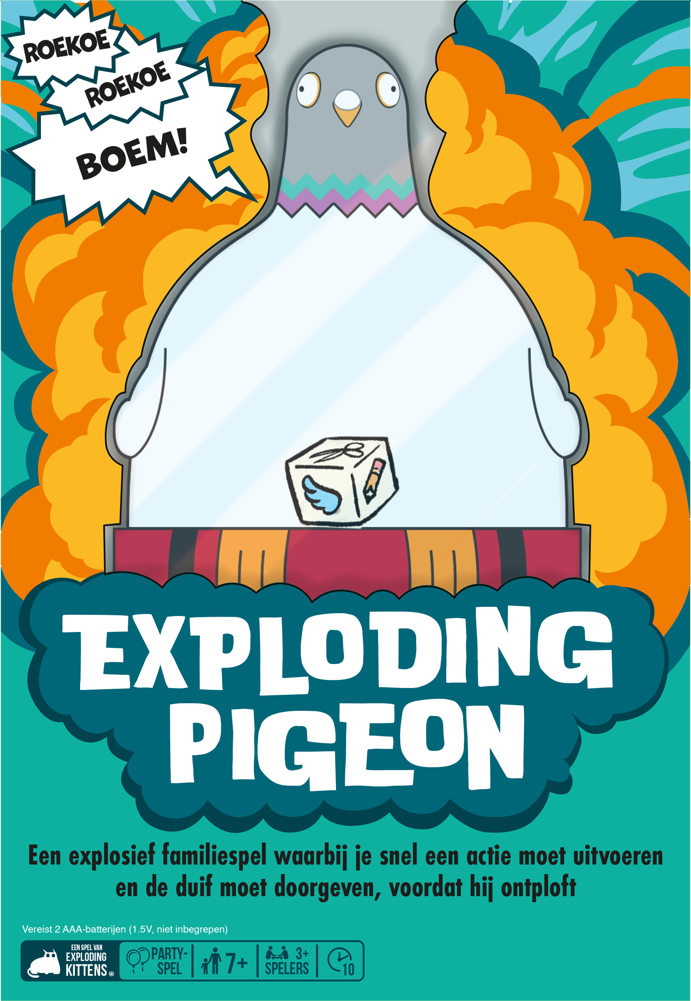 Una paloma de dibujos animados con un fondo de explosión de bomba, el título del juego es 'Exploding Pigeon'.