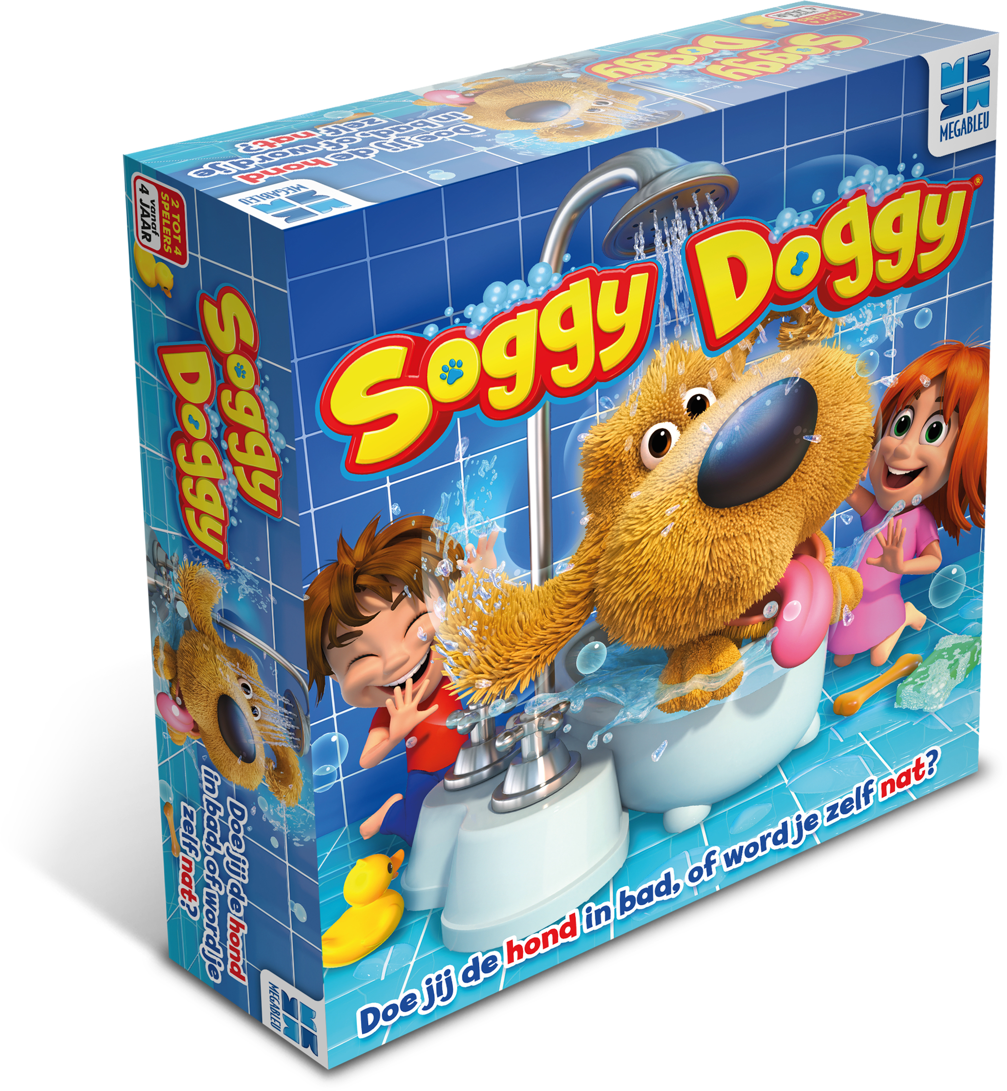 Die Schachtel des Spiels Soggy Doggy zeigt einen Hund in einer Wanne, einen Jungen und ein Mädchen. Der Text lautet: 