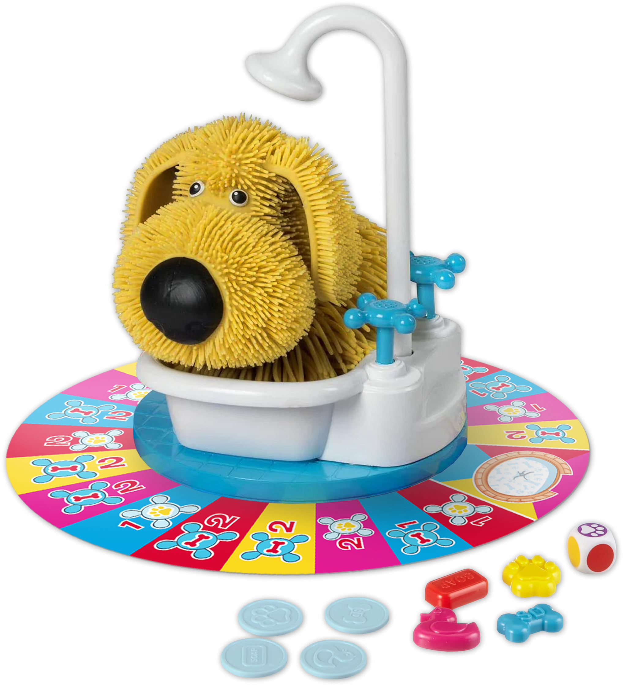 Hundeförmiges Spielzeug in einer Badewanne, Teil eines Brettspiels. Enthält Spielsteine, Würfel, Seife und Pfotenabdrücke.