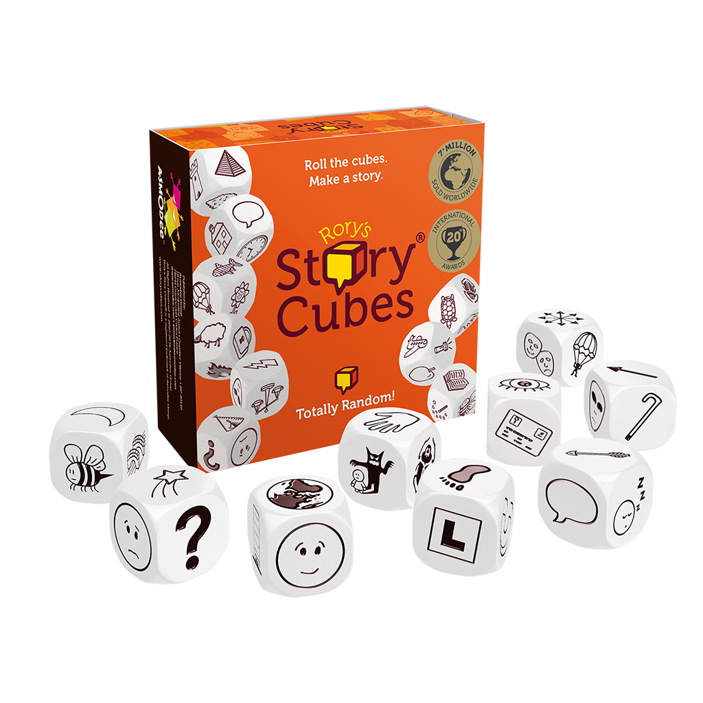 Eine Schachtel mit Rory's Story Cubes mit 9 Würfeln mit verschiedenen Symbolen. Die Schachtel ist orange, die Würfel weiß mit schwarzen Zeichnungen.