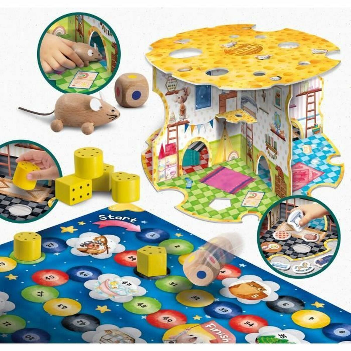 Un gioco da tavolo con una casa a forma di formaggio, topi di legno, dadi e un tabellone blu con caselle colorate.