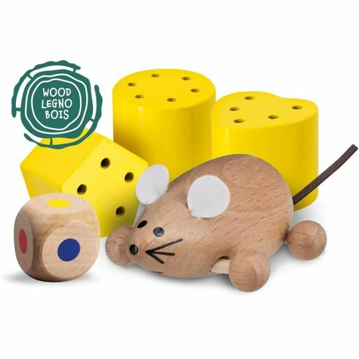 Set di giocattoli in legno: topo, blocchi di formaggio e un dado. Il topo è marrone con orecchie bianche. Blocchi di formaggio gialli con fori.