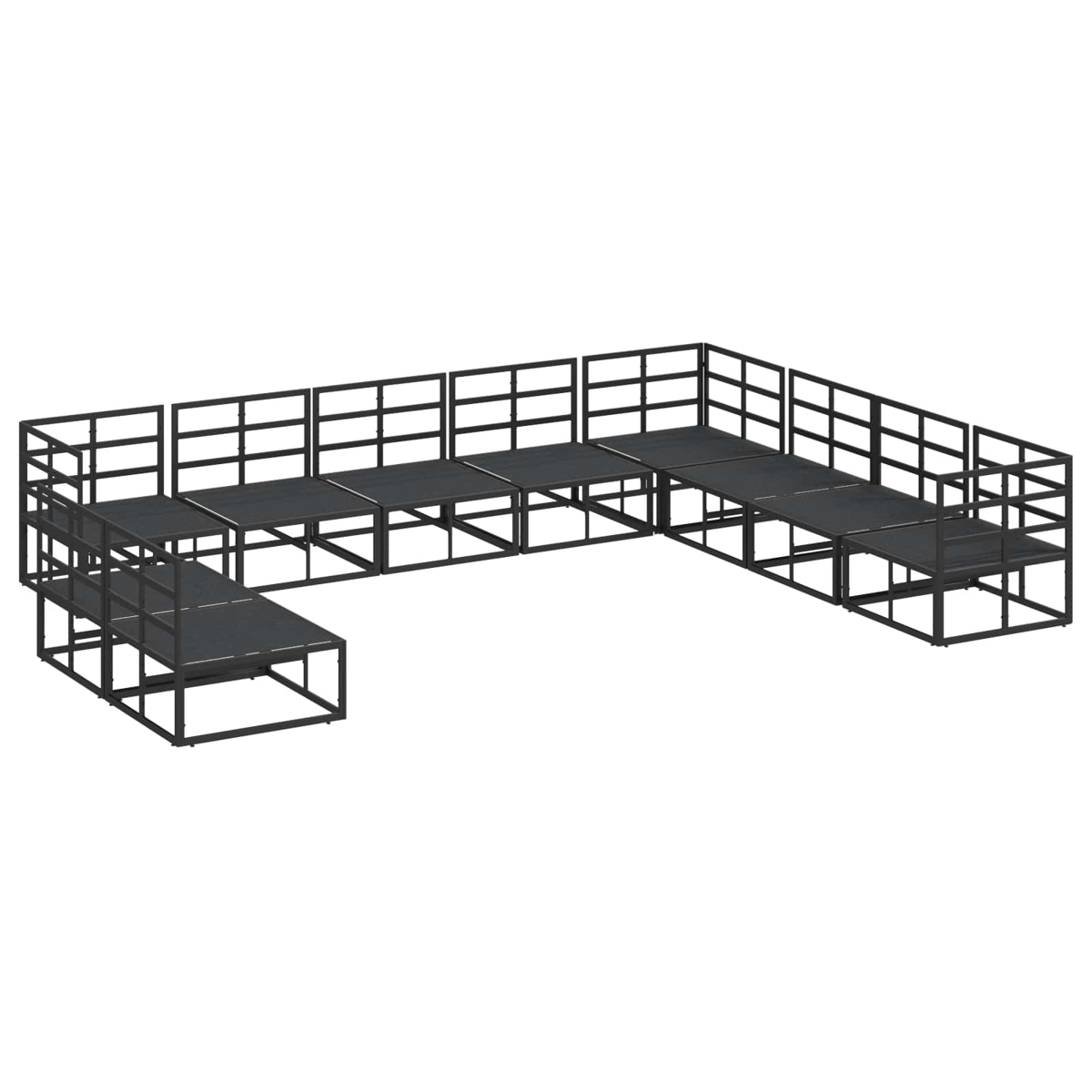 Una estructura modular de escenario de metal negro. Tiene forma de U, con múltiples plataformas y barandillas. El fondo es blanco.